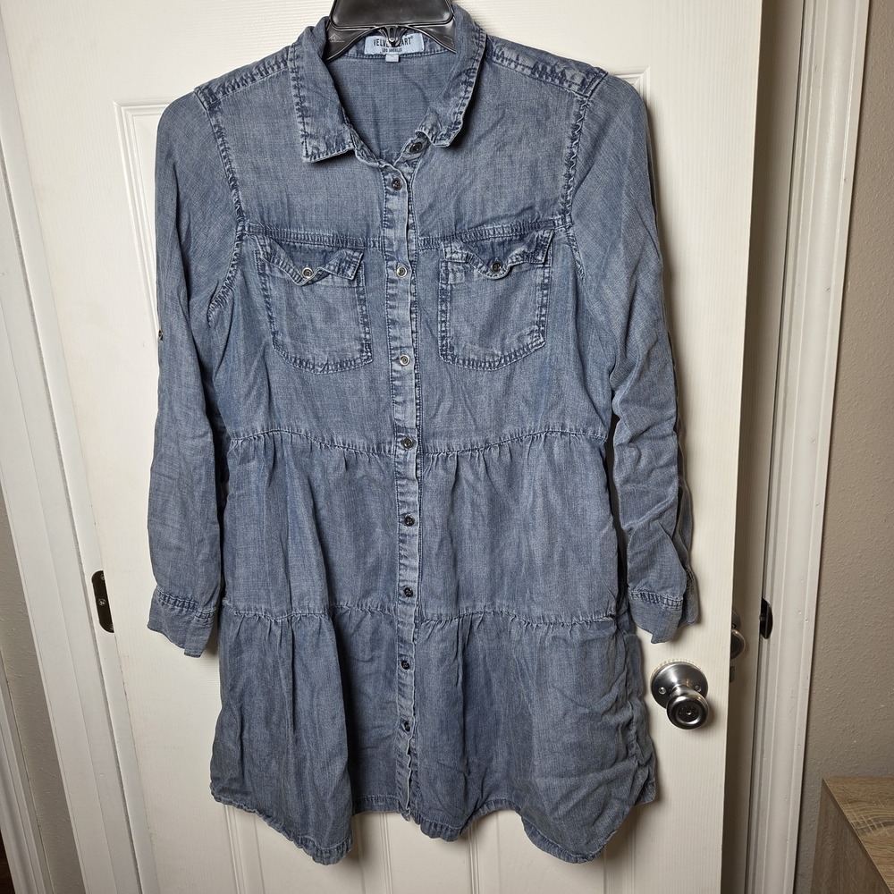 Velvet Heart sz M Blue Tencel chambray tiered Shirt Dress Roll Tab Slv casual